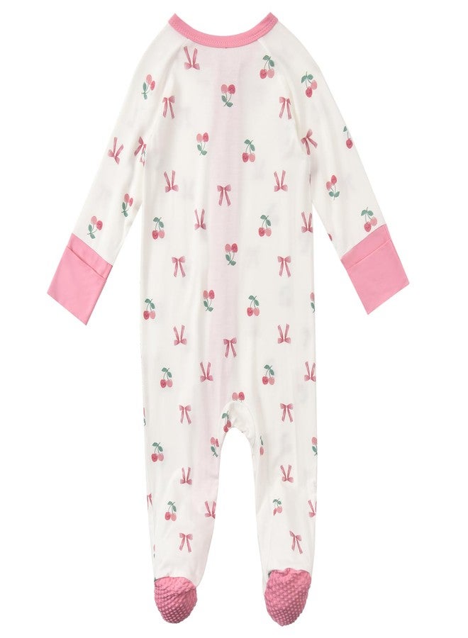 Aablexema Baby Footed Coverall Pajamas with Mittens Rayon from Bamboo 2pcs Newborn Infant 2-way Zipper Outfit (Pink Cherry Bow, 0-3m) - Image 4